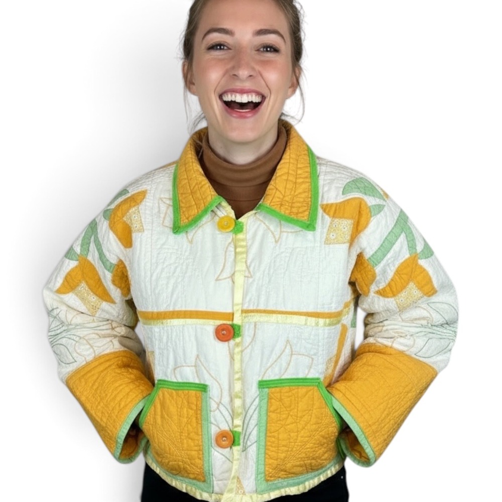 Handmade Quilted Tulip Bog Jacket Women Yellow Green Floral Applique Cottagecore